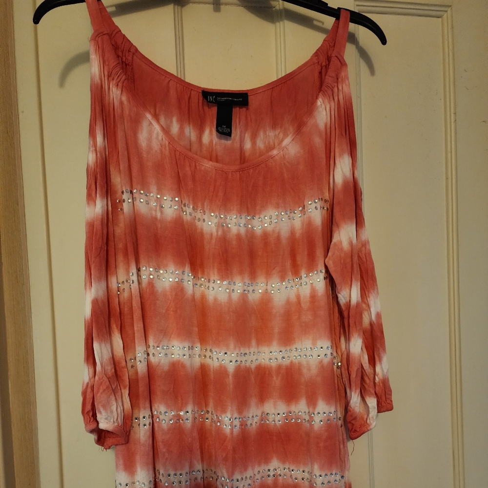 INC 1X Pink & White Stripped Cold Shoulder Blouse With Embellishments